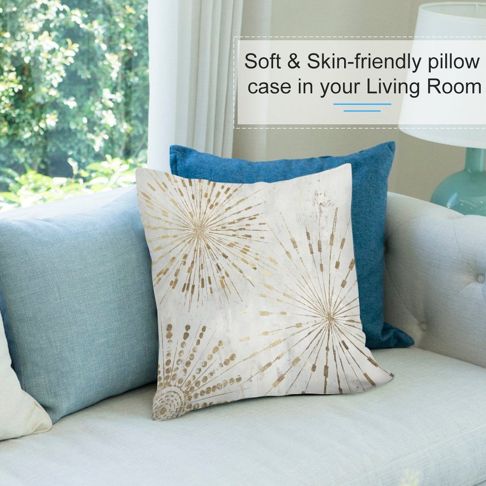 Gold burst design pillow cover on a sofa in a living room, soft and skin-friendly, decorative pillow