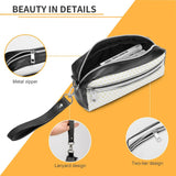 Lychee leather cosmetic bag with metal zipper, lanyard, and two-tier design. Ideal makeup pouch or pencil case.