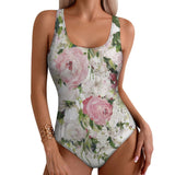 Floral one-piece swimsuit with pink roses, perfect for summer, available at MyArtsyGift