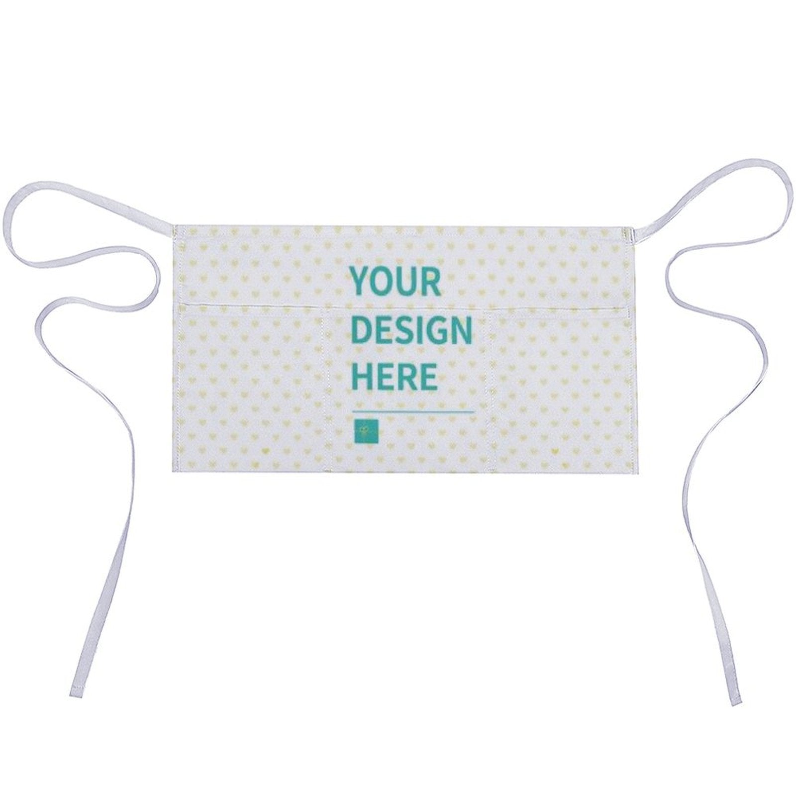 Customizable chef apron with text "YOUR DESIGN HERE". Apron is white, patterned, with pockets and ties.