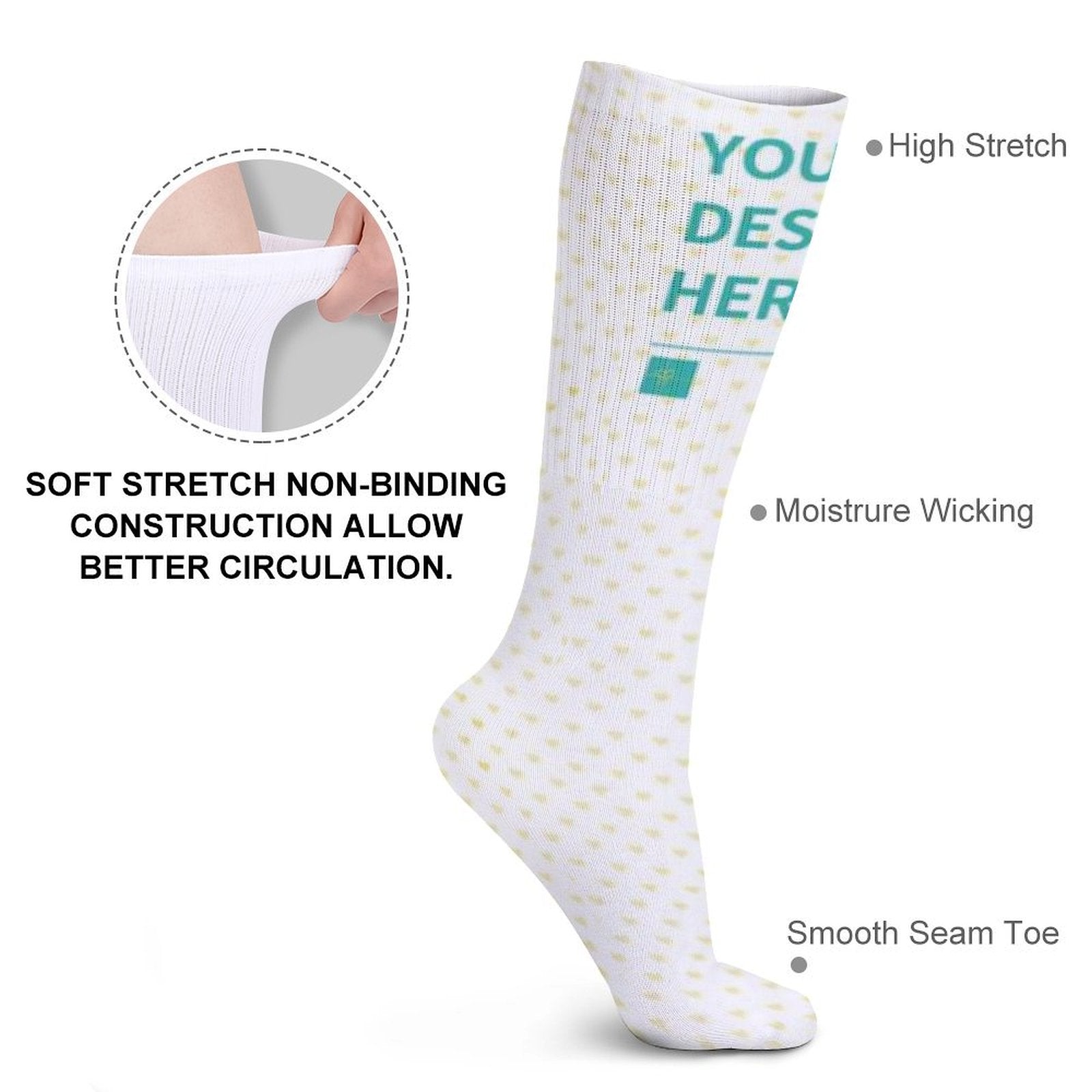 Personalized knee-high socks with 'YOU DES HER' print, breathable and soft, ideal for gifts