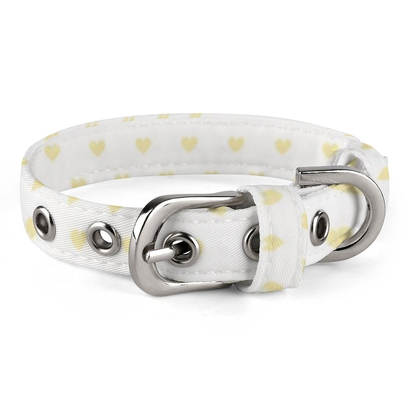 Personalized Pet Ashes Necklace for Dog Cat. White Oxford fabric collar with yellow heart pattern.
