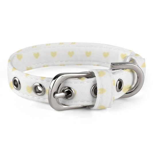Personalized Pet Ashes Necklace for Dog Cat. White Oxford fabric collar with yellow heart pattern.