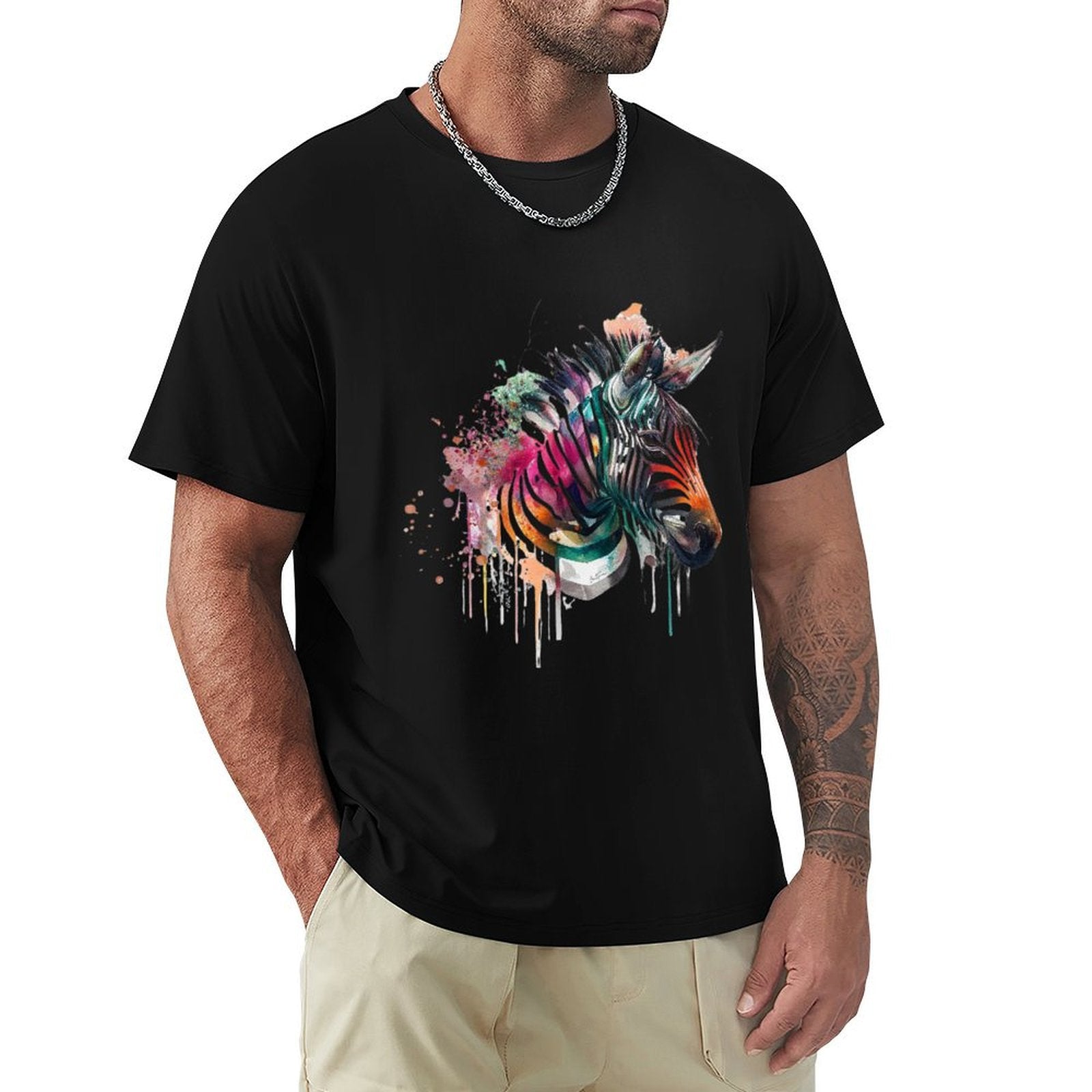 Men's black crew neck T-shirt featuring a watercolor zebra design, perfect for everyday wear.
