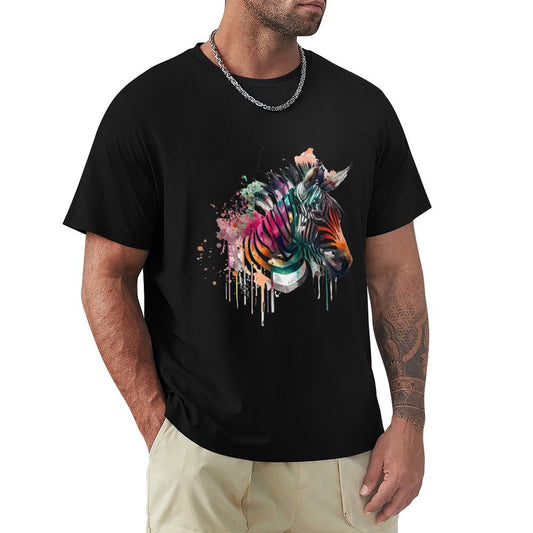 Men's black crew neck T-shirt featuring a watercolor zebra design, perfect for everyday wear.