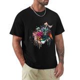 Men's black crew neck T-shirt featuring a watercolor zebra design, perfect for everyday wear.