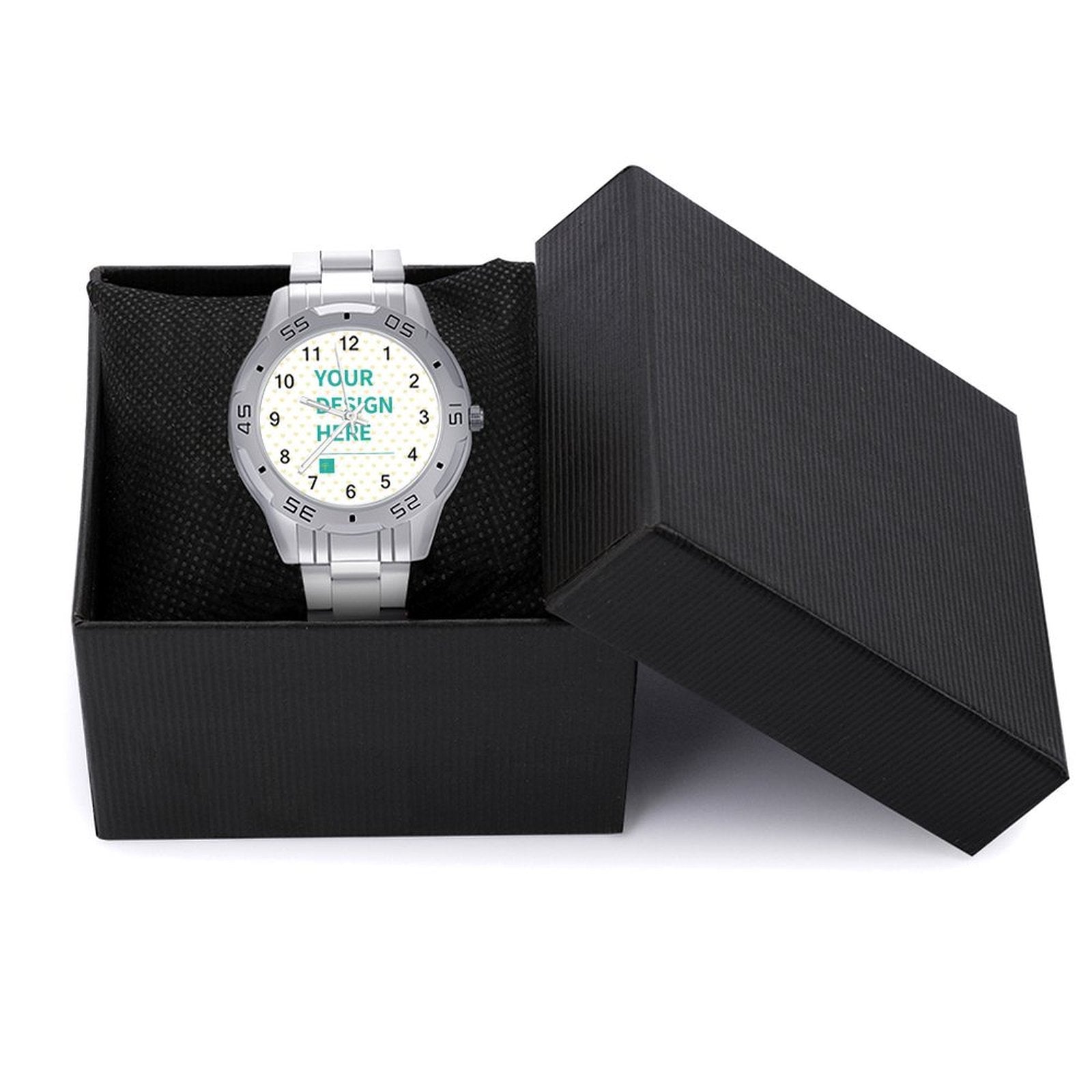 Custom photo watch, stainless steel mesh quartz watch, your design here, inside a black gift box, MyArtsyGift.com
