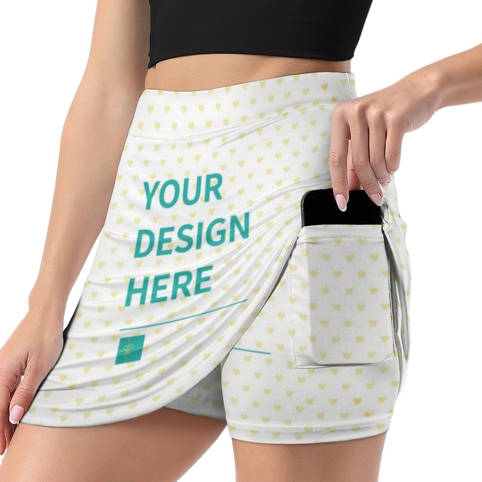 Customizable tennis golf skort with pocket, white heart design for women