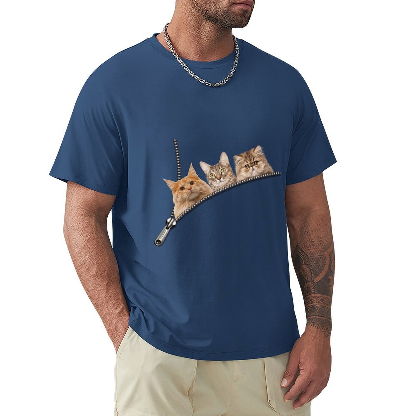 Men's navy blue t-shirt with playful three-cat zipper pocket design, pure cotton tee