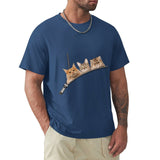 Men's navy blue t-shirt with playful three-cat zipper pocket design, pure cotton tee