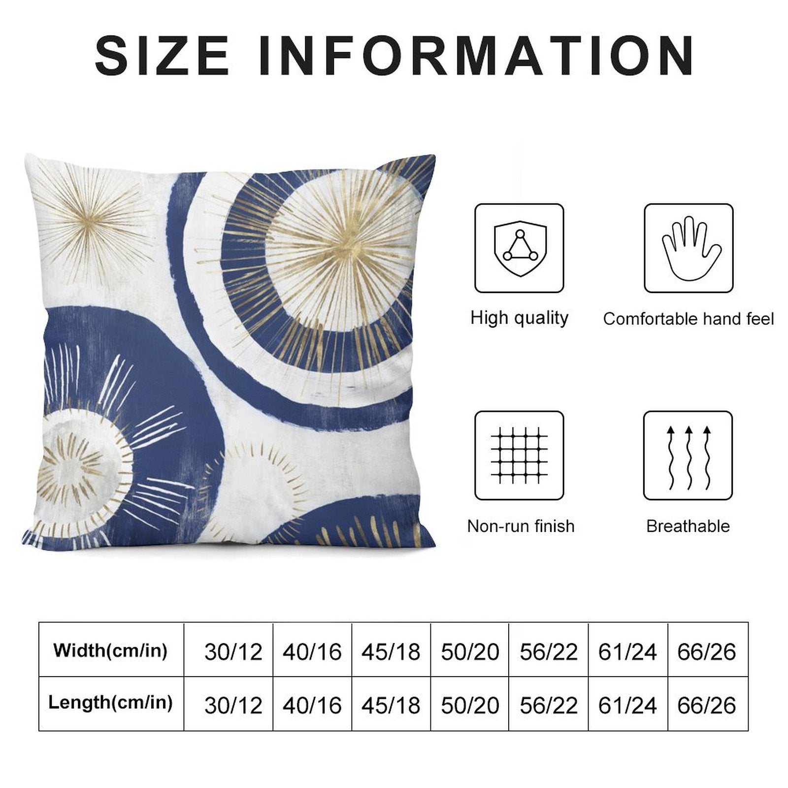 Abstract art pillow cover in navy, gold, and white, with size details and quality icons