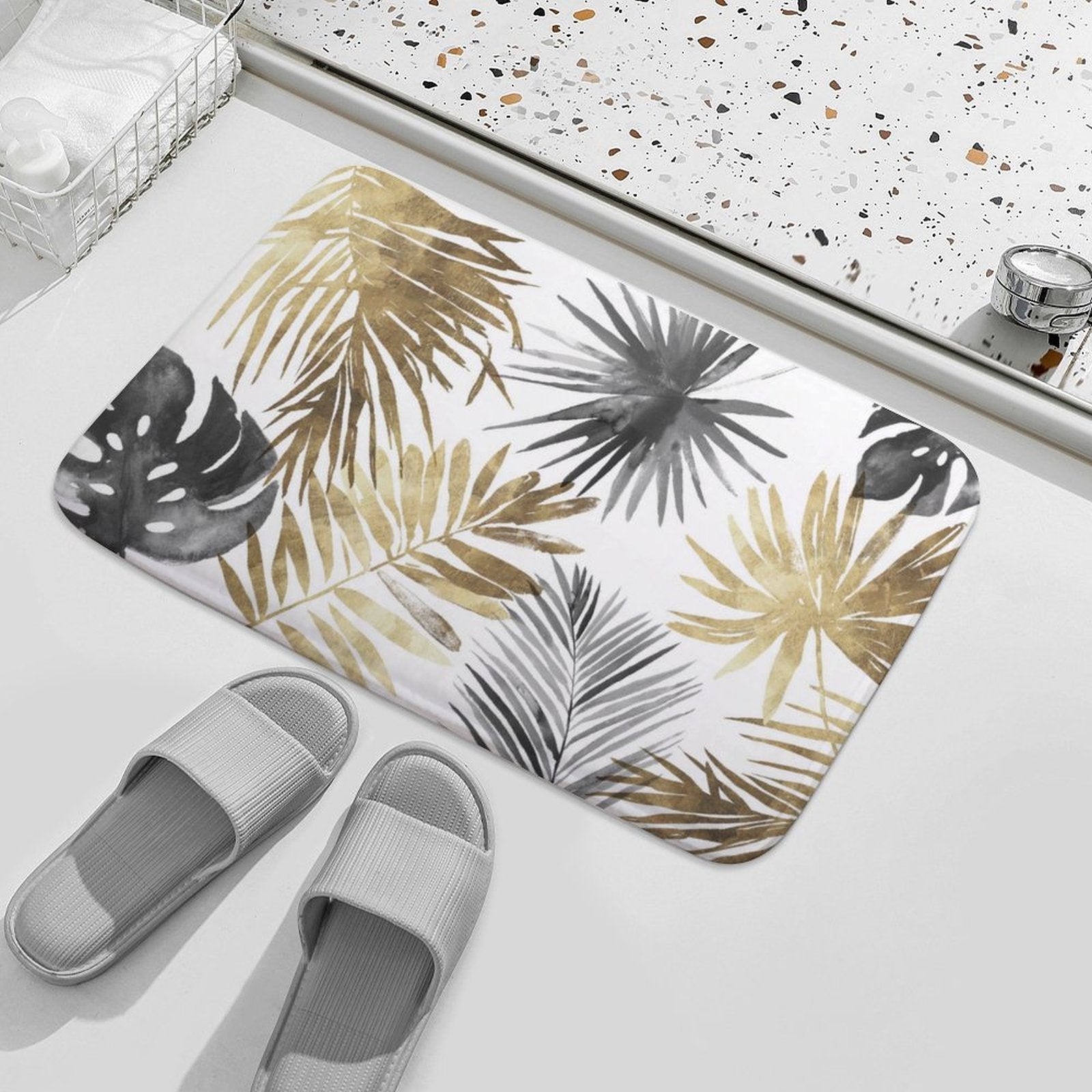 Coral velvet bath rug with gold, grey palm leaf design, non-slip bathroom rug