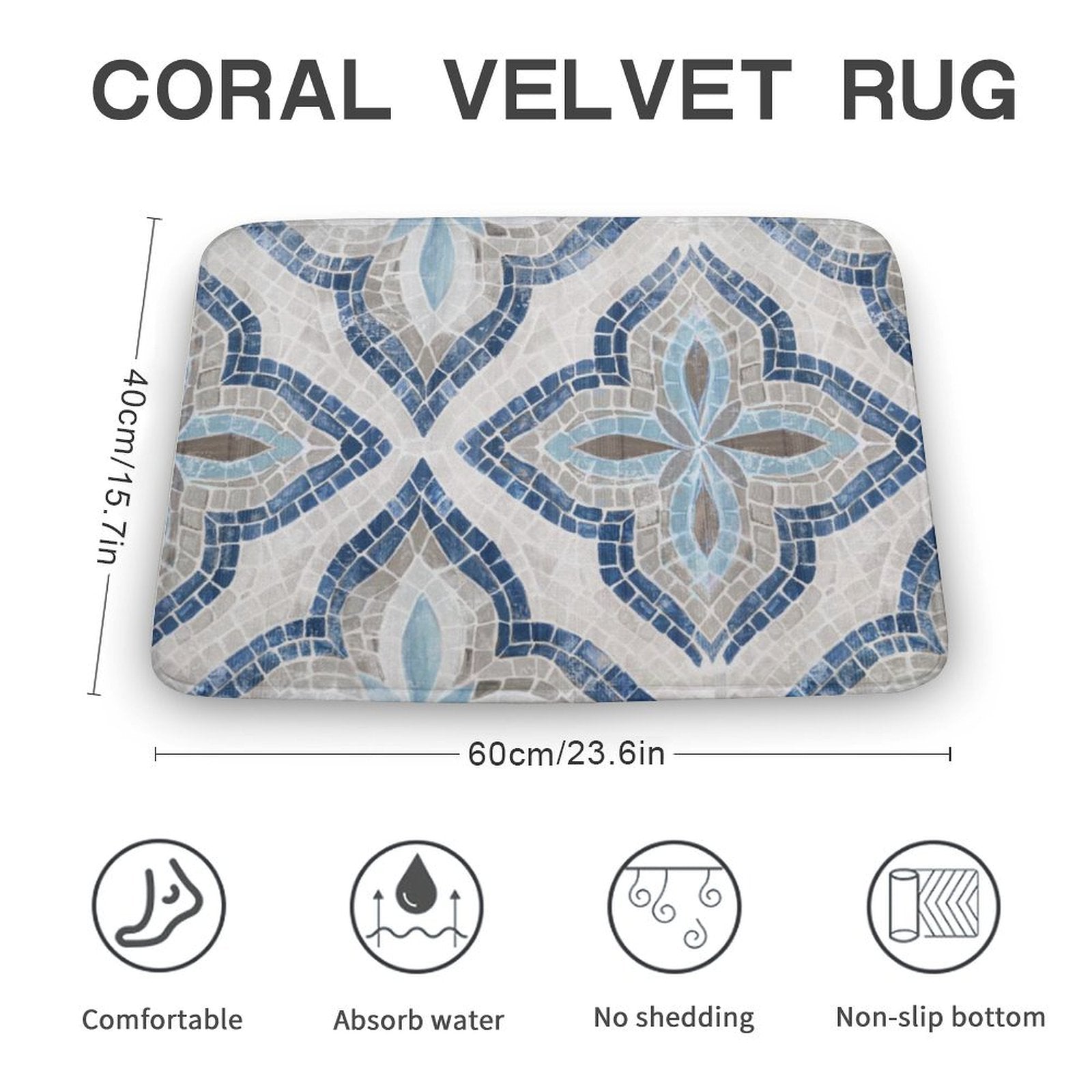 Coral velvet bath rug, non-slip, absorbent, blue mosaic pattern, 60cm x 40cm - MyArtsyGift