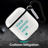 Custom AirPods case with 'YOUR DESIGN HERE' design, PC hard shell, includes black carabiner.