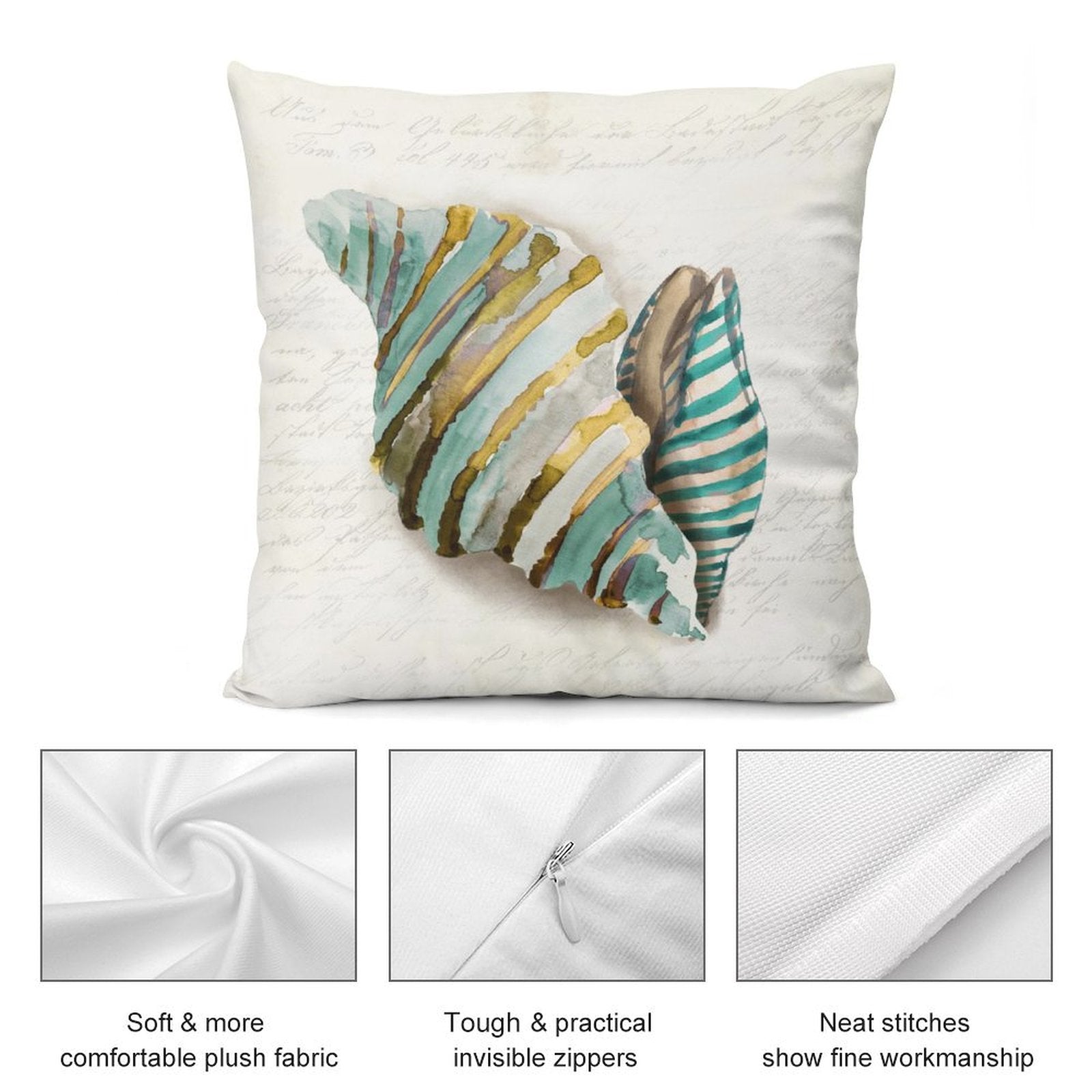 Seashell decorative pillow cover in teal and gold, soft plush fabric for sofa, couch and living room, invisible zippers.