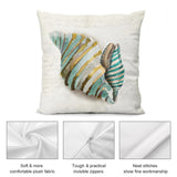 Seashell decorative pillow cover in teal and gold, soft plush fabric for sofa, couch and living room, invisible zippers.