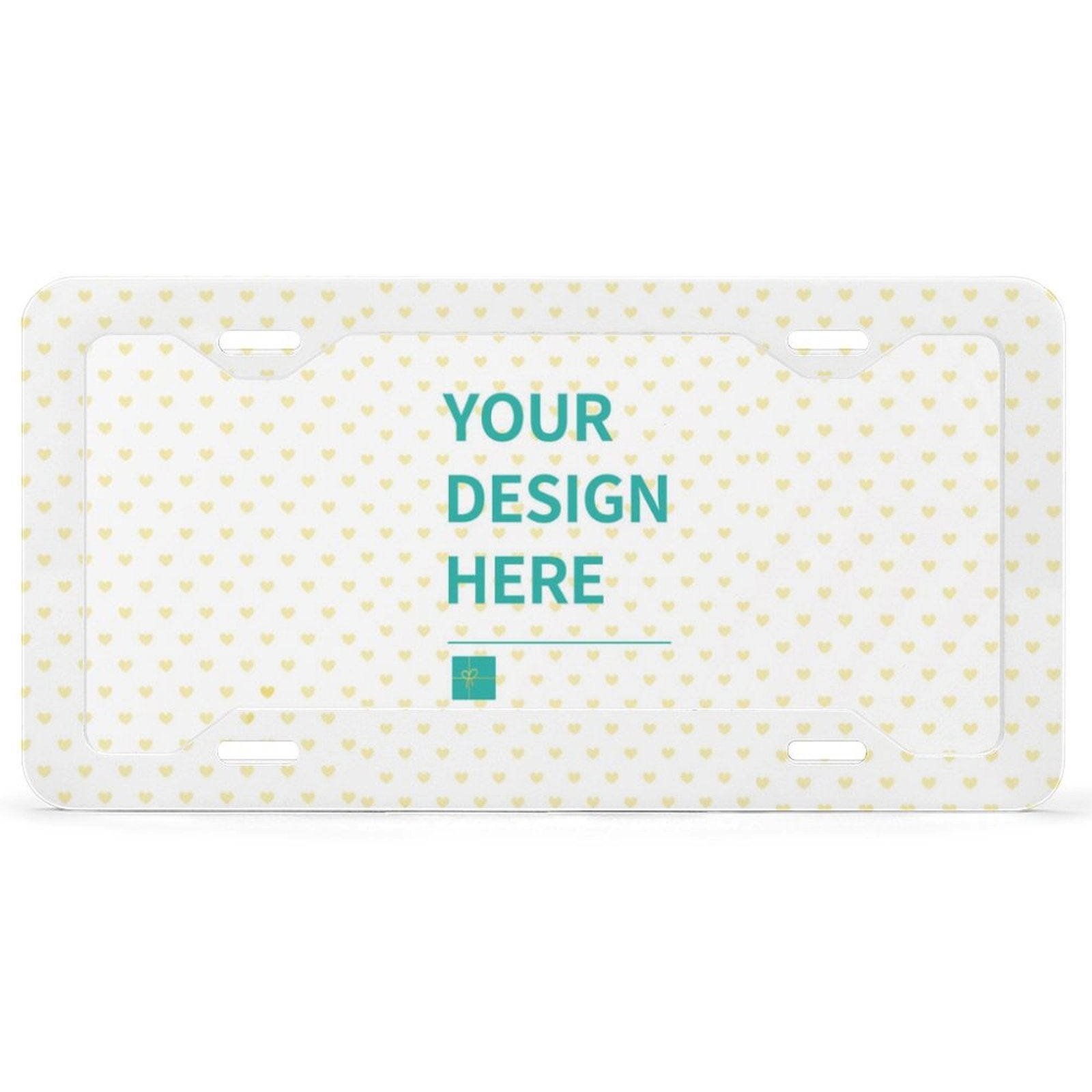 Custom license plate with heart pattern, ready for personalization. Ideal gift, featuring "YOUR DESIGN HERE"