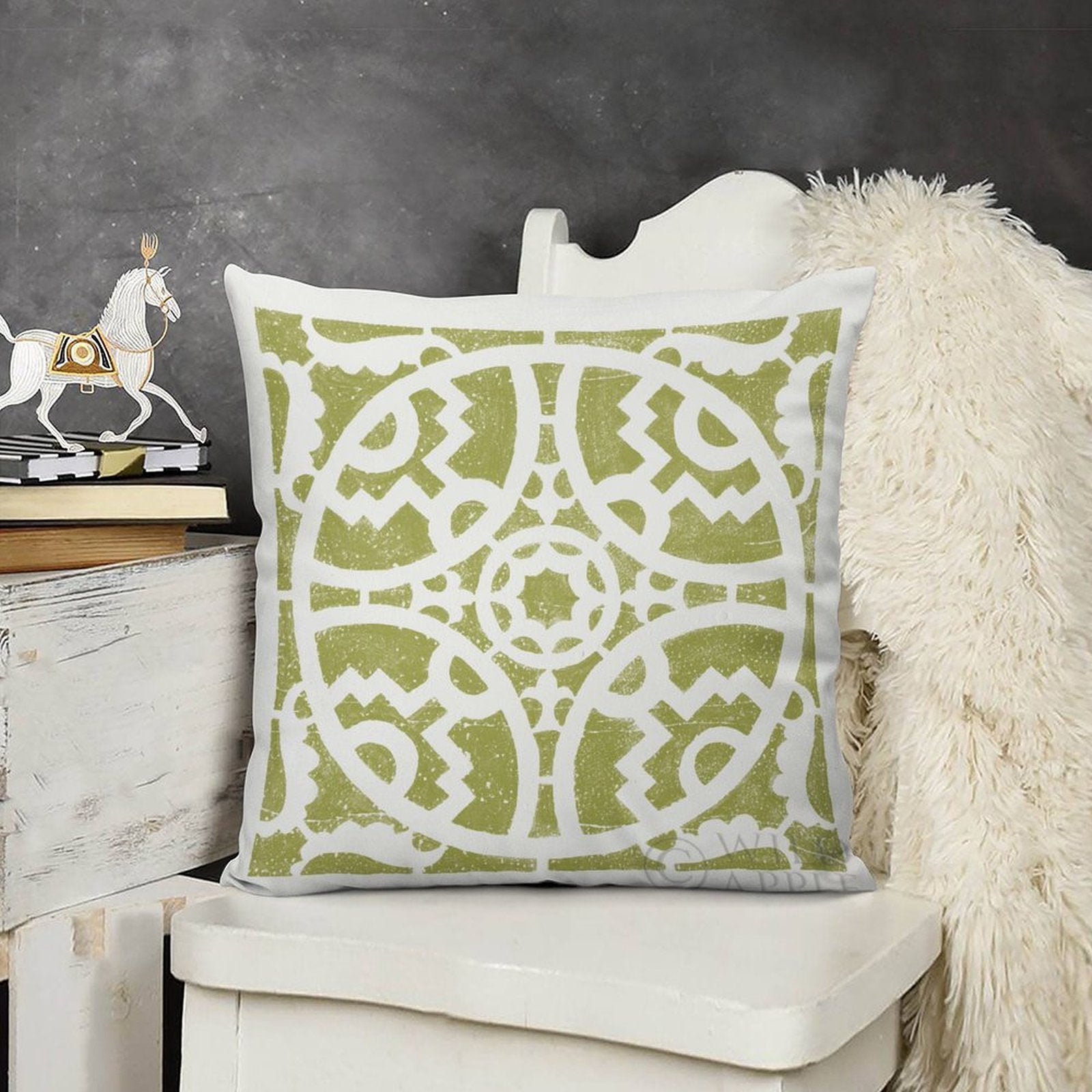 Plush pillow cover with olive green geometric pattern for sofa or couch, soft and fluffy for living room decor, MyArtsyGift