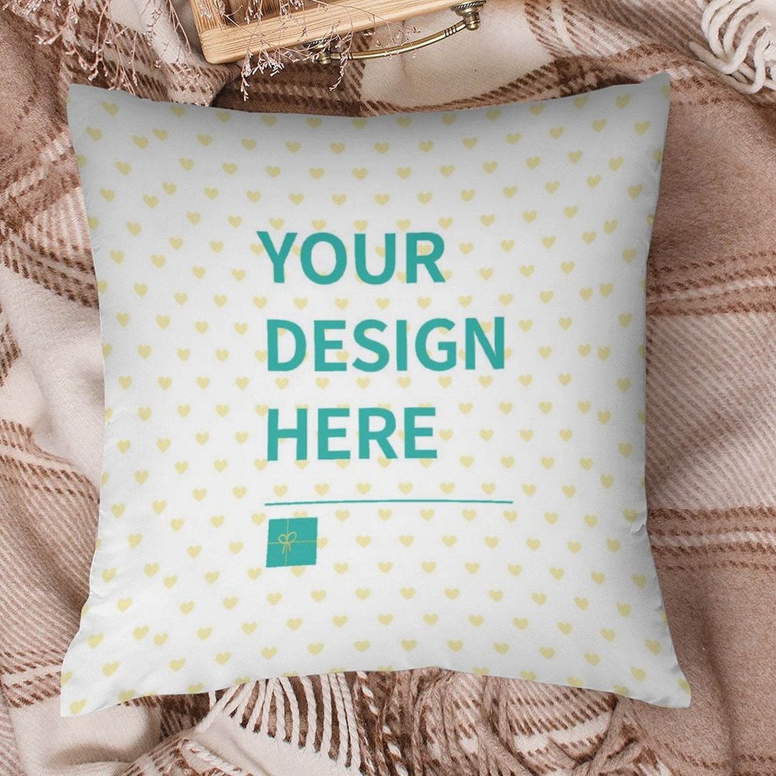 Custom polyester pillowcase with "YOUR DESIGN HERE" design, perfect for bedroom or living room. Featuring heart pattern.