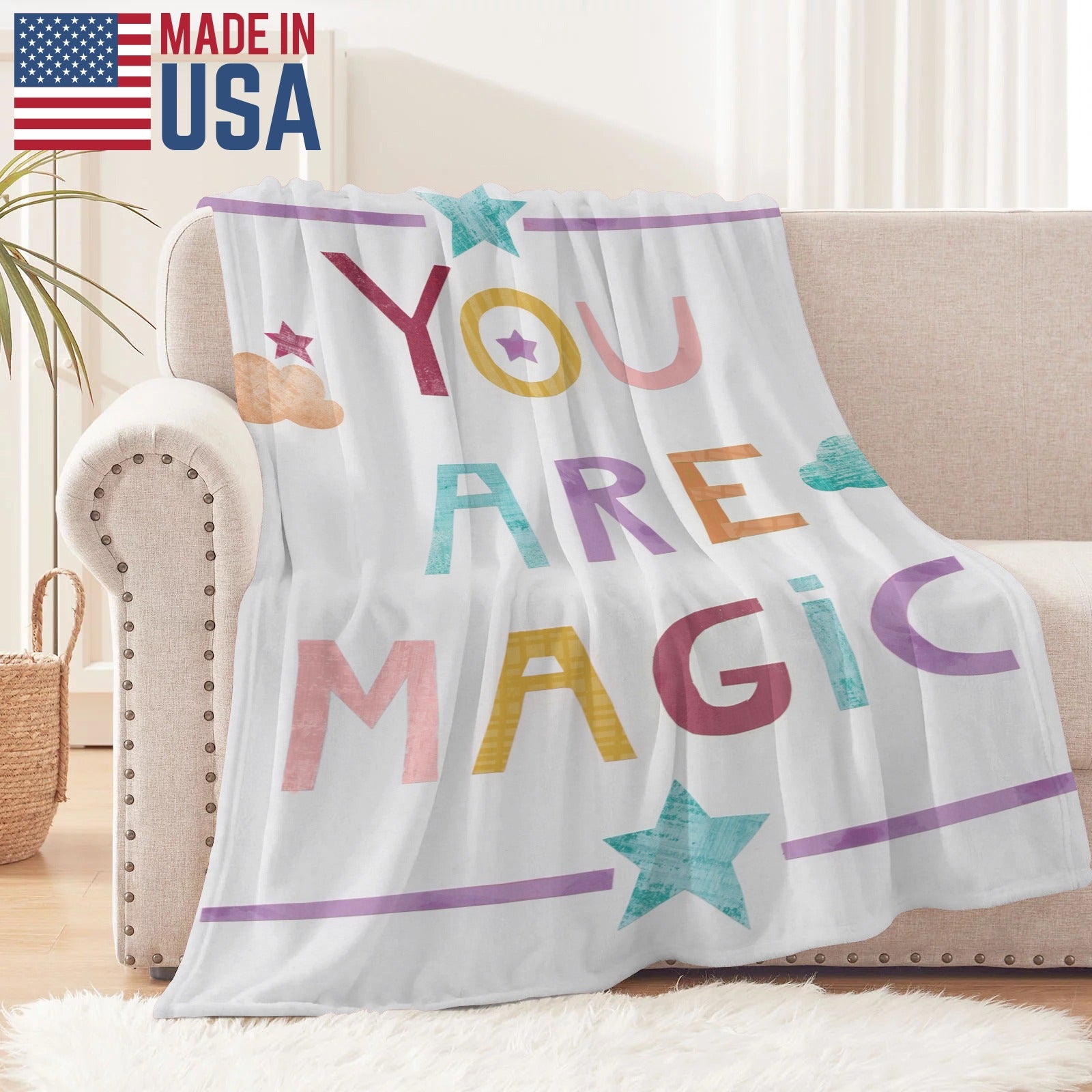 Unicorn Magic flannel blanket with "YOU ARE MAGIC" text, made in USA, for babies and kids.
