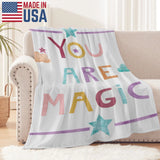 Unicorn Magic flannel blanket with "YOU ARE MAGIC" text, made in USA, for babies and kids.