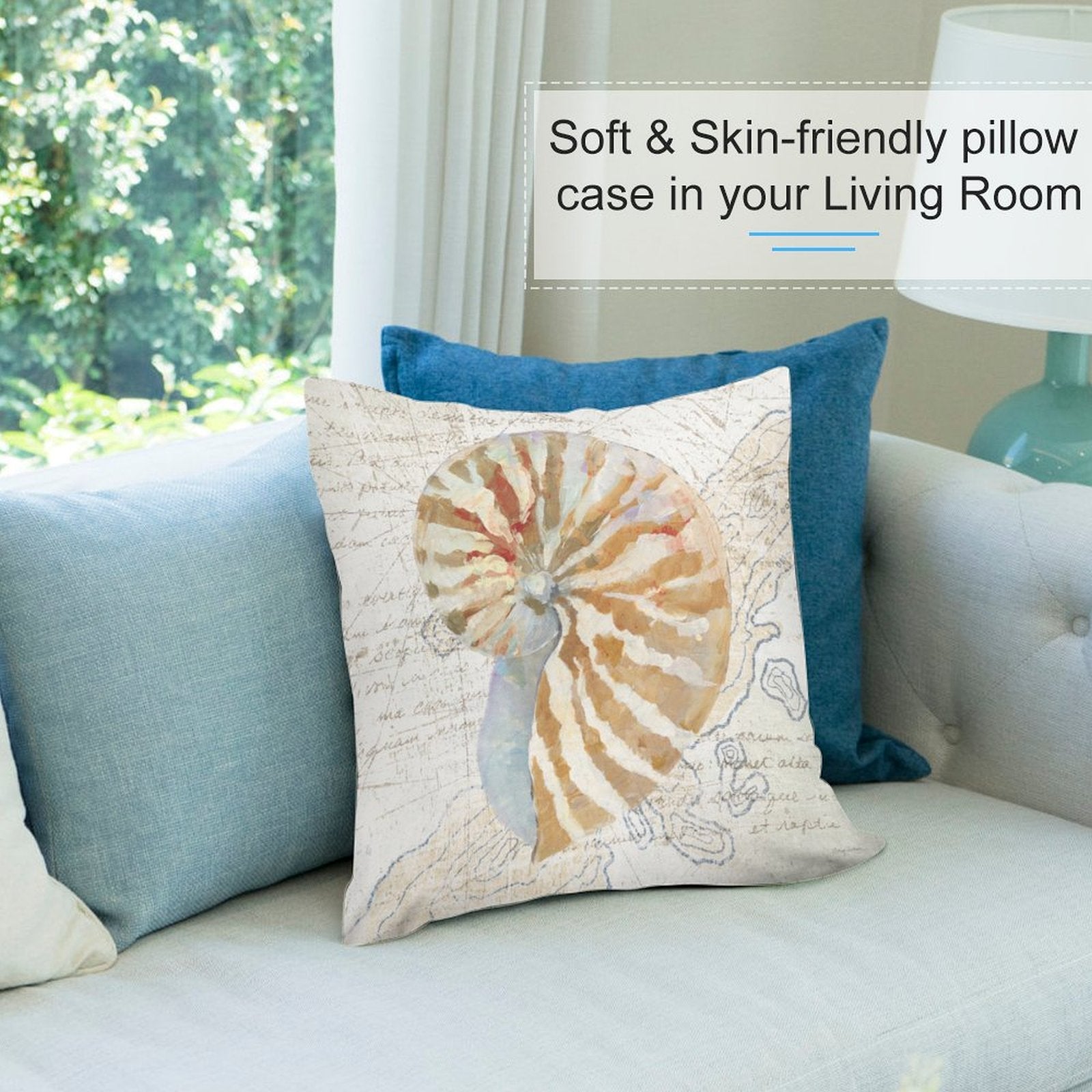 Soft plush pillow cover with seashell design on sofa, perfect for home decor and relaxation, also with Skin-friendly.
