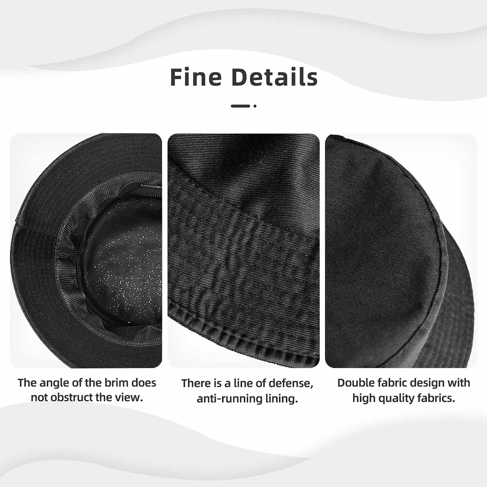 Black bucket hat details: double fabric, anti-running lining, brim view. Ideal for fishing, hiking, and travel.