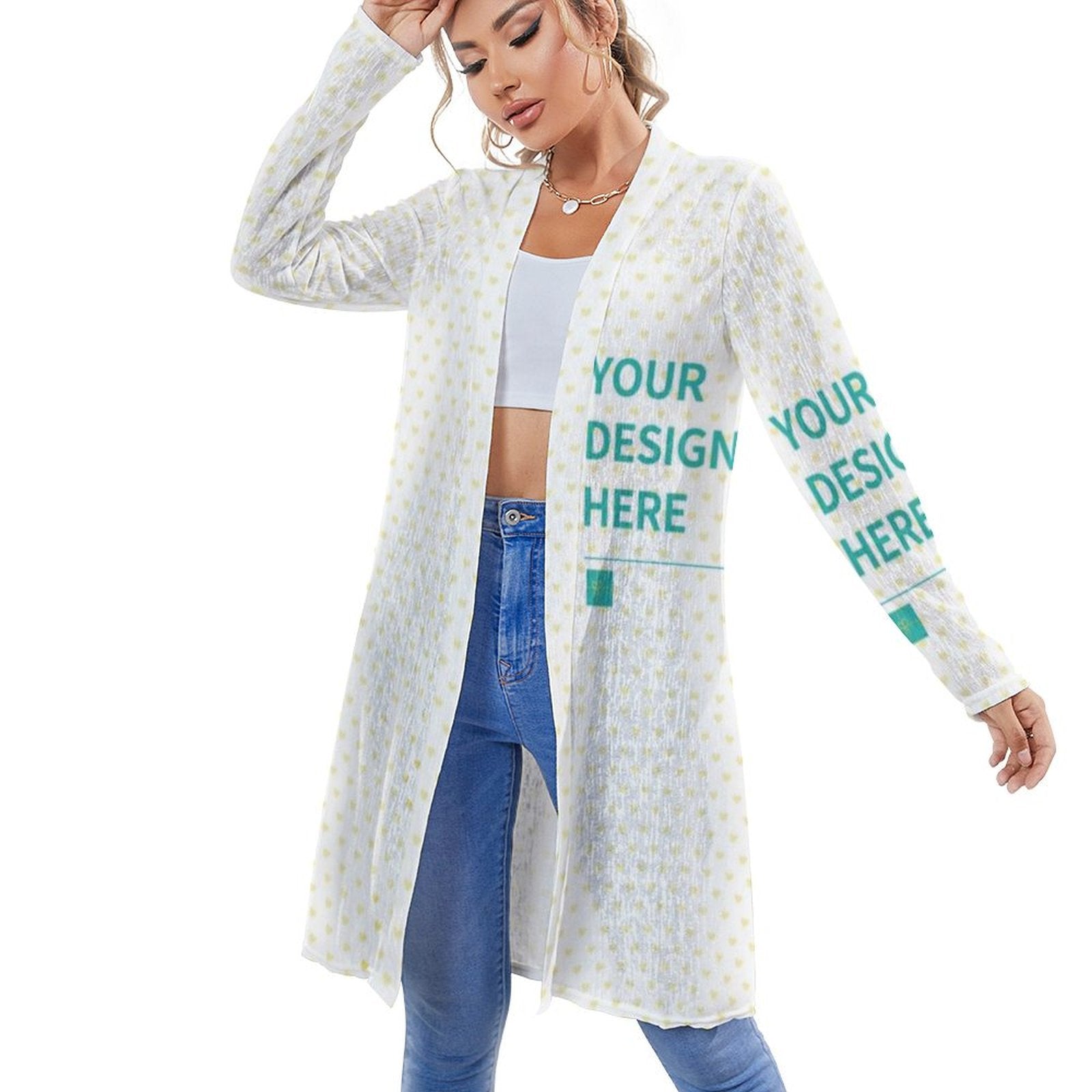 Custom open front cardigan for women. Features long sleeves and a unique heart pattern design, available for your design.