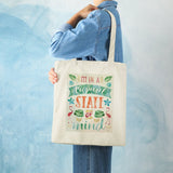 Canvas tote bag with tropical "I'm in a tropical state of mind" design. Ideal for shopping.