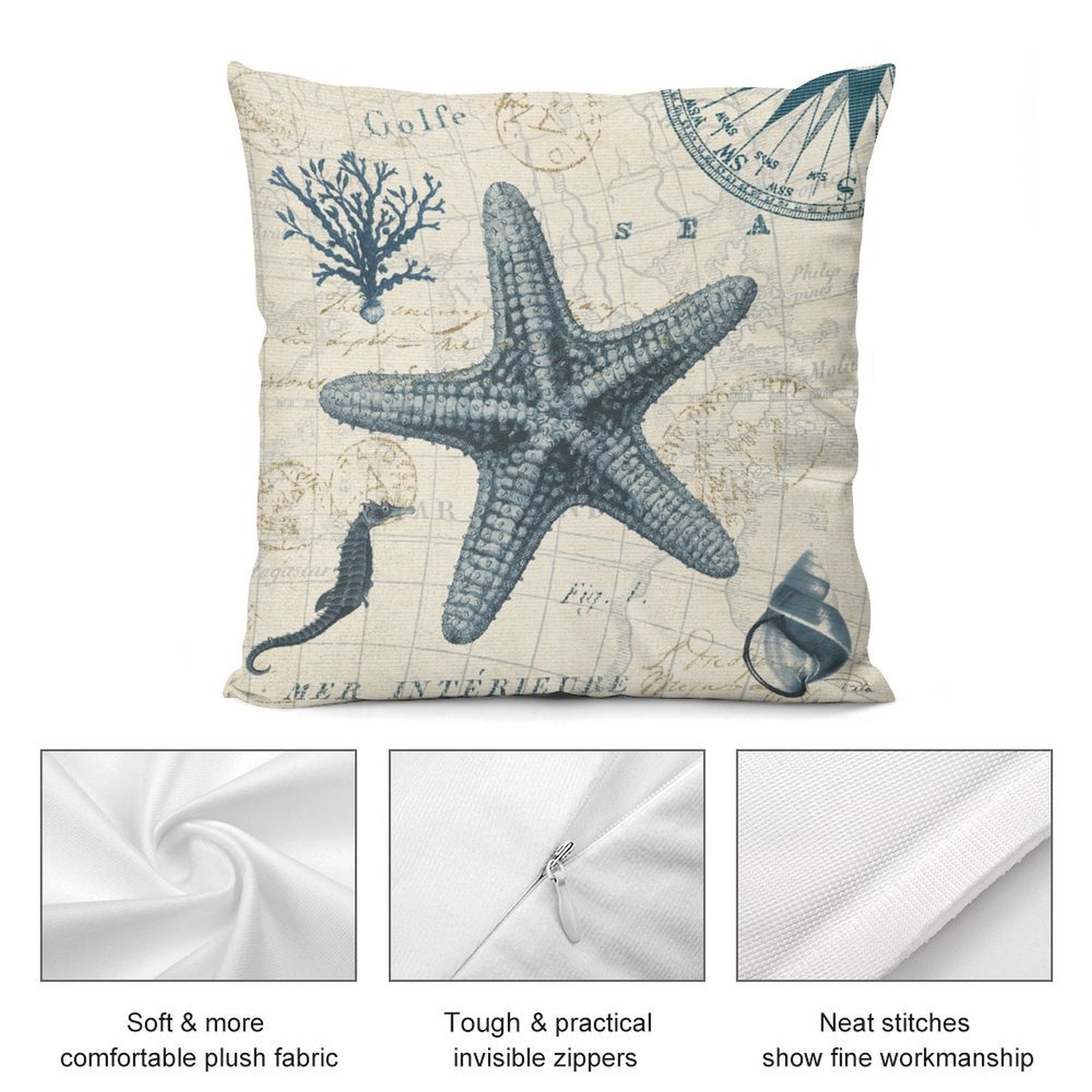Decorative plush pillow cover with vintage map, starfish design. Soft, comfortable, with invisible zipper.