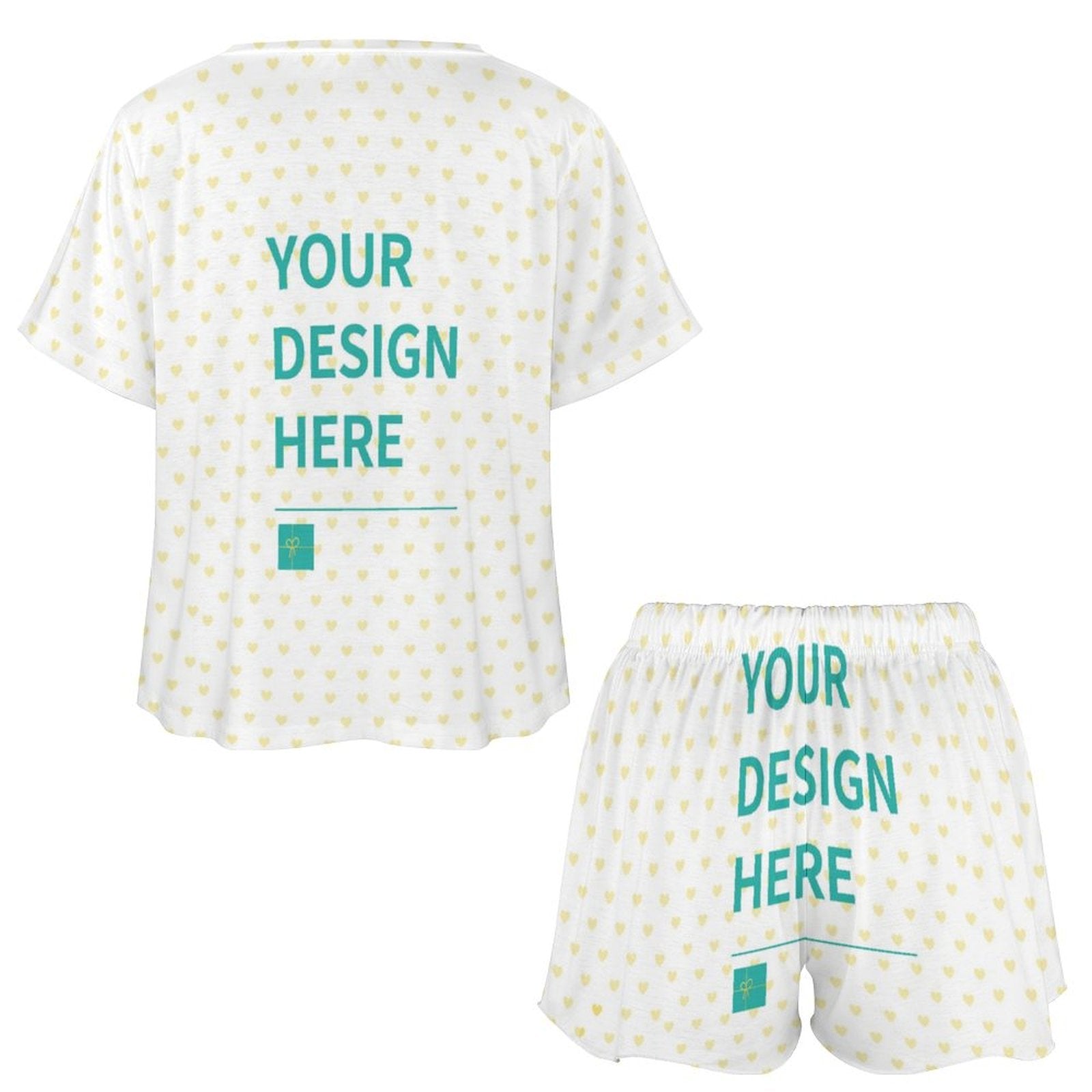Customizable women's summer outfit featuring tee and shorts with heart print and 'YOUR DESIGN HERE' text, MyArtsyGift