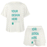 Customizable women's summer outfit featuring tee and shorts with heart print and 'YOUR DESIGN HERE' text, MyArtsyGift