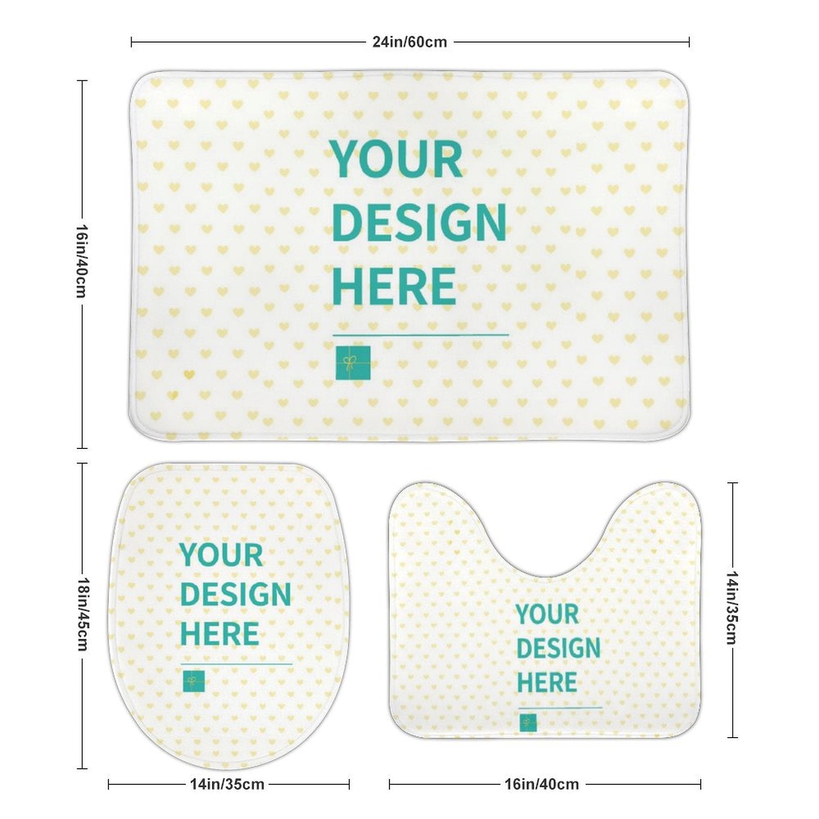 Personalized bathroom rug set: rectangular, U-shape, and toilet cover. Features "YOUR DESIGN HERE" and a heart pattern.