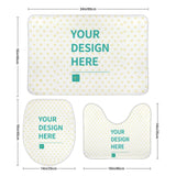 Personalized bathroom rug set: rectangular, U-shape, and toilet cover. Features "YOUR DESIGN HERE" and a heart pattern.