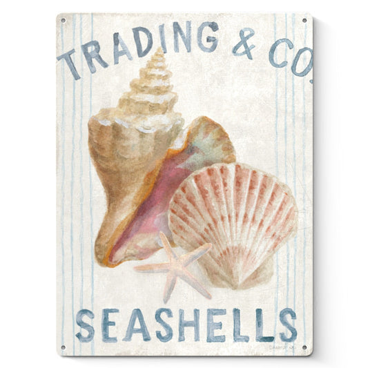 Floursack metal sign with seashell art, perfect for beach decor or coastal themed spaces.