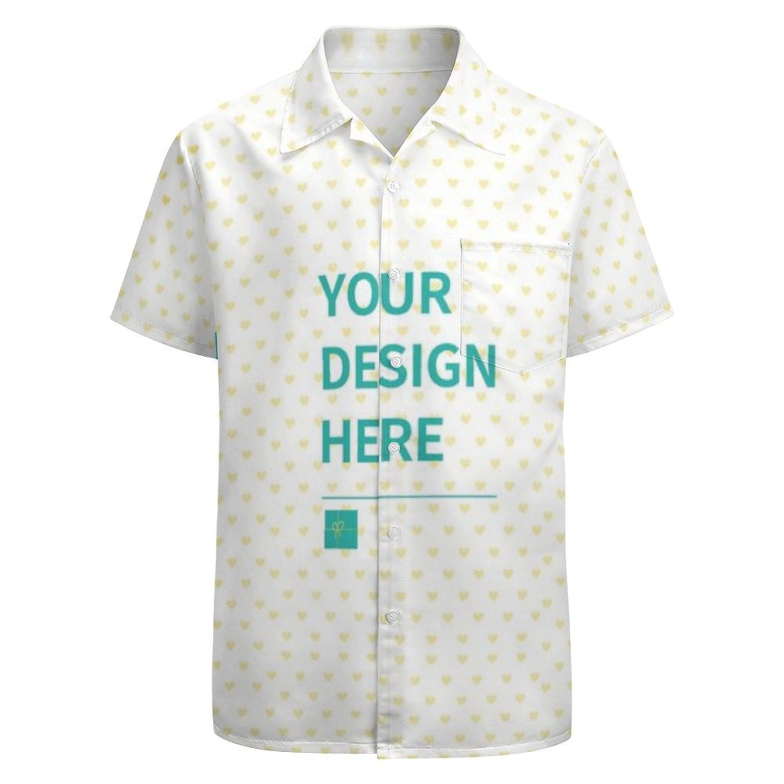 Custom men's short sleeve shirt, white with heart pattern, 'YOUR DESIGN HERE' design, polyester