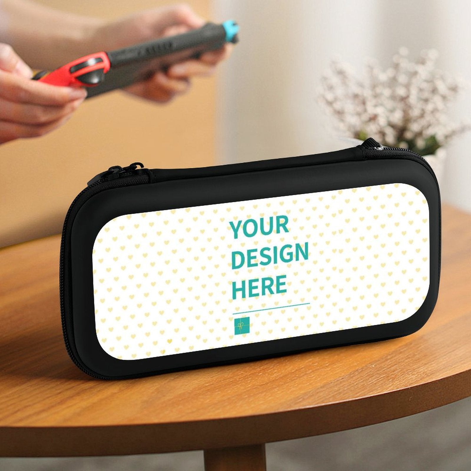 Customizable Nintendo Switch carrying case with 'YOUR DESIGN HERE' text, black EVA material, for travel