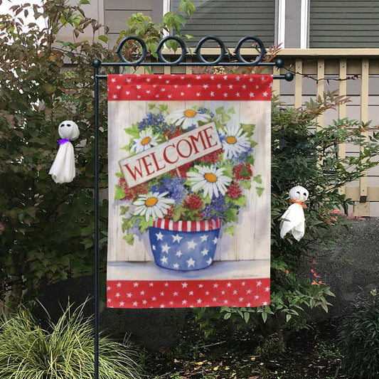 Welcome garden flag made in USA, with floral arrangement and welcoming message
