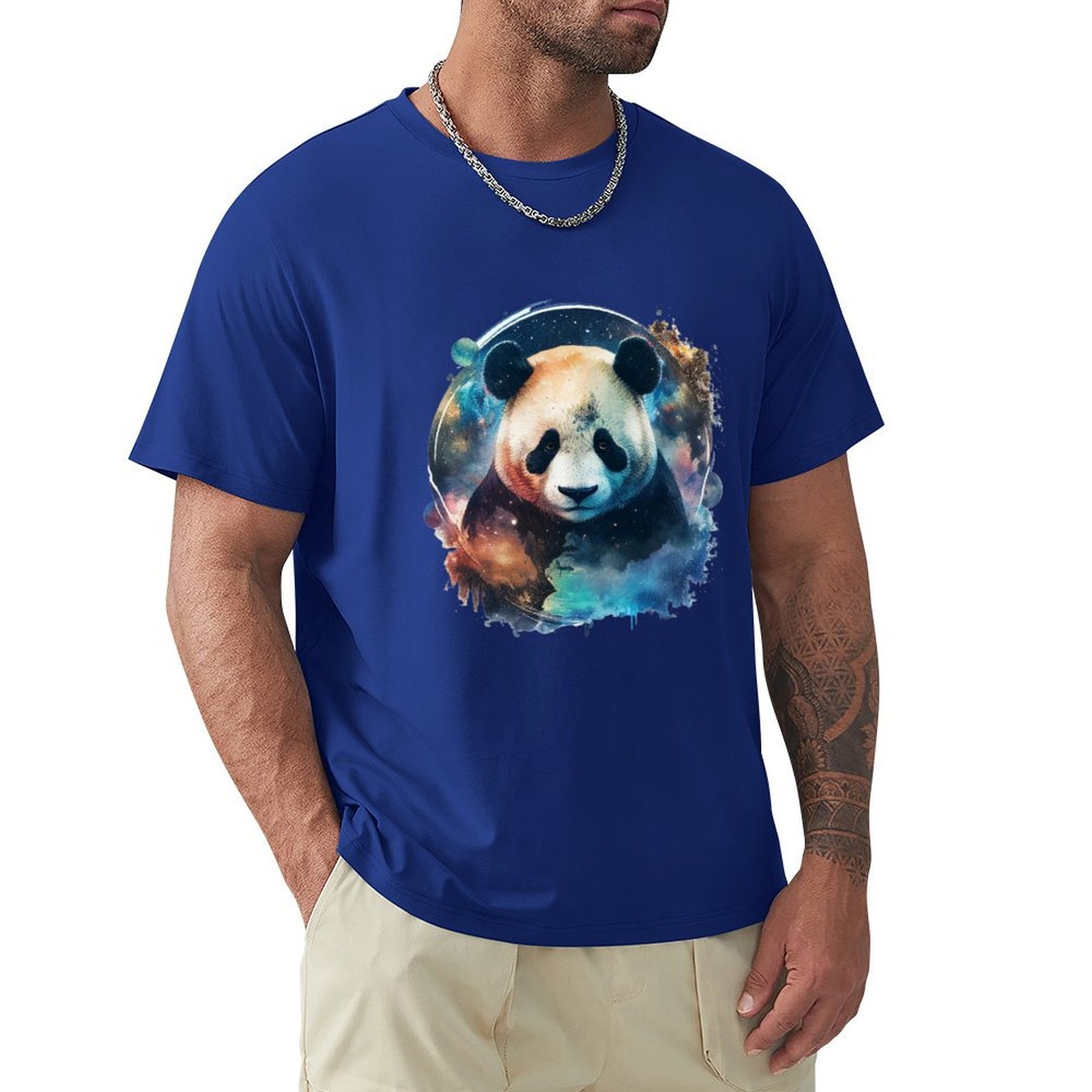Men's blue crew neck t-shirt with panda bear graphic, MyArtsyGift, comfortable cotton tee