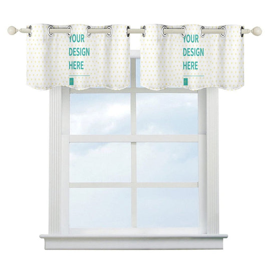 Custom window valance, personalized design curtain, white fabric with heart pattern, "YOUR DESIGN HERE" text.