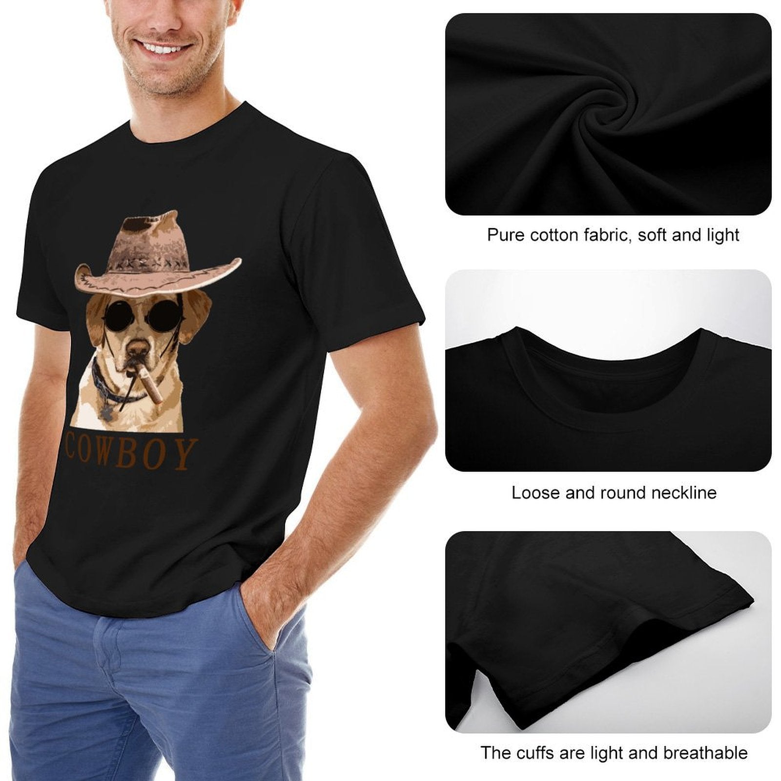 Men's black crew neck t-shirt with Cowboy dog graphic; pure cotton, breathable and soft.