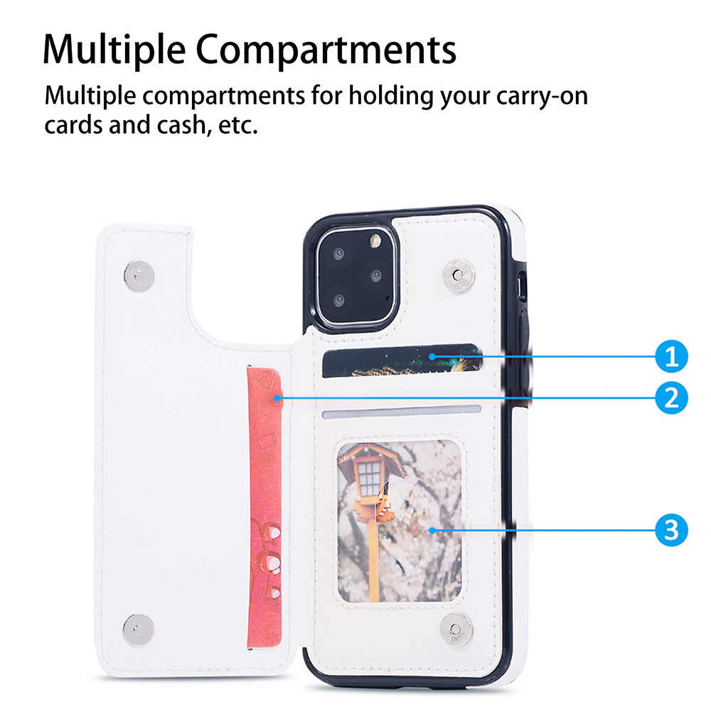 White iPhone 11 Pro flip case, multiple compartments for cards, personalized photo wallet phone case.