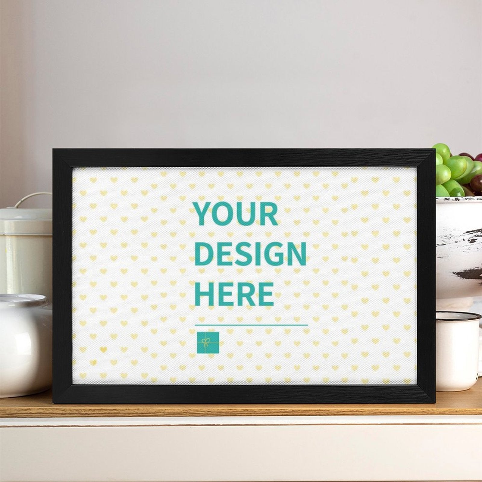 Personalized canvas print, black frame with 'YOUR DESIGN HERE'. Custom wall art for gifts from MyArtsyGift.