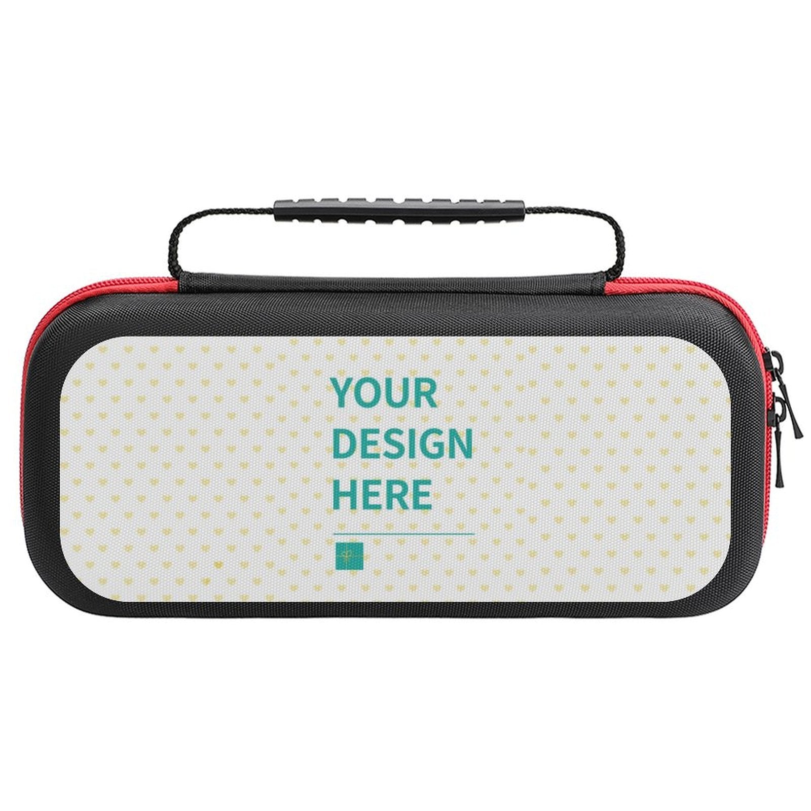 Custom Nintendo Switch Carrying Case with handle, black case with red trim, personalized design area