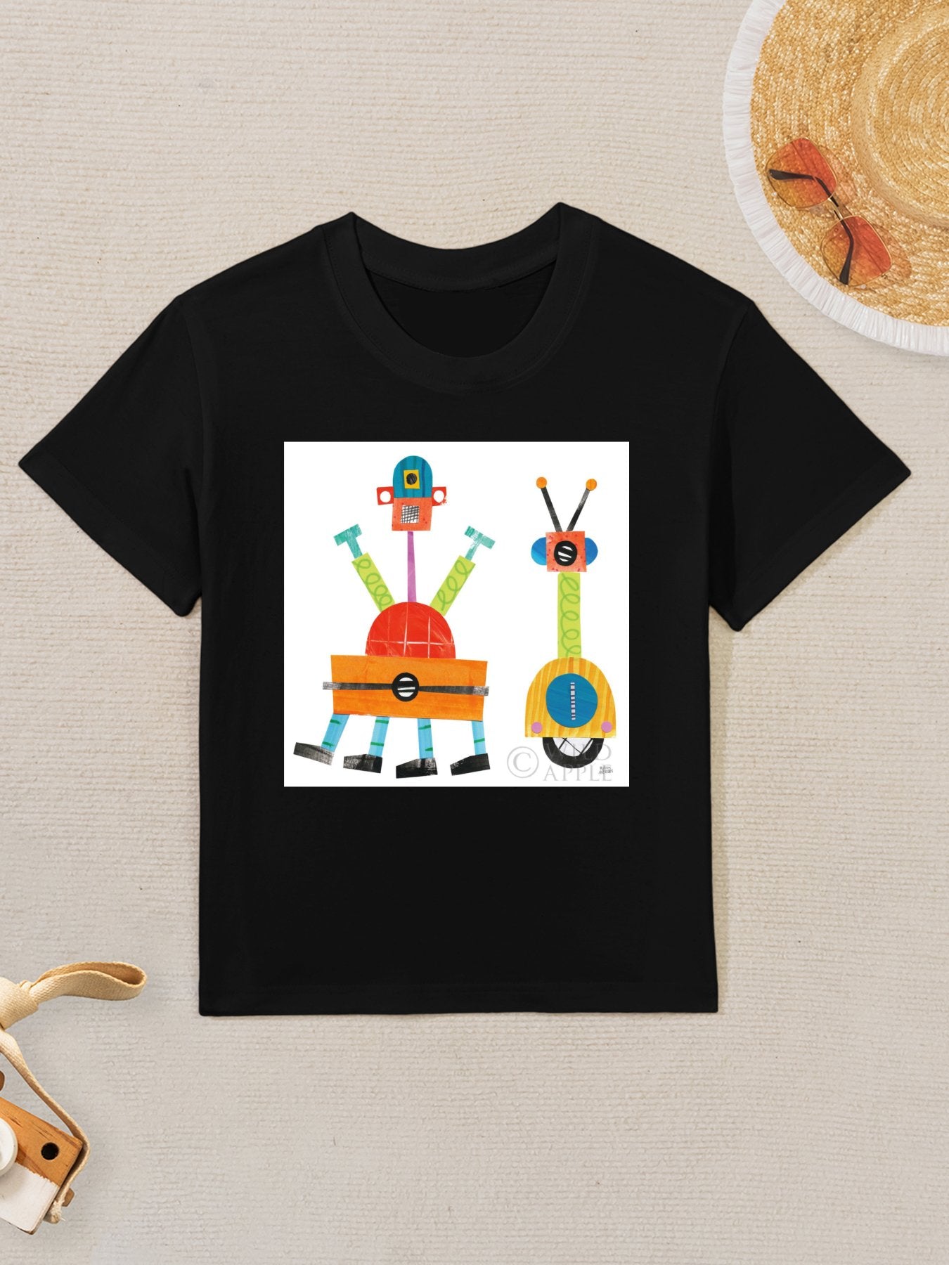 Kids' black short sleeve T-shirt with colorful robot design, cotton tee for boys and girls. From MyArtsyGift.