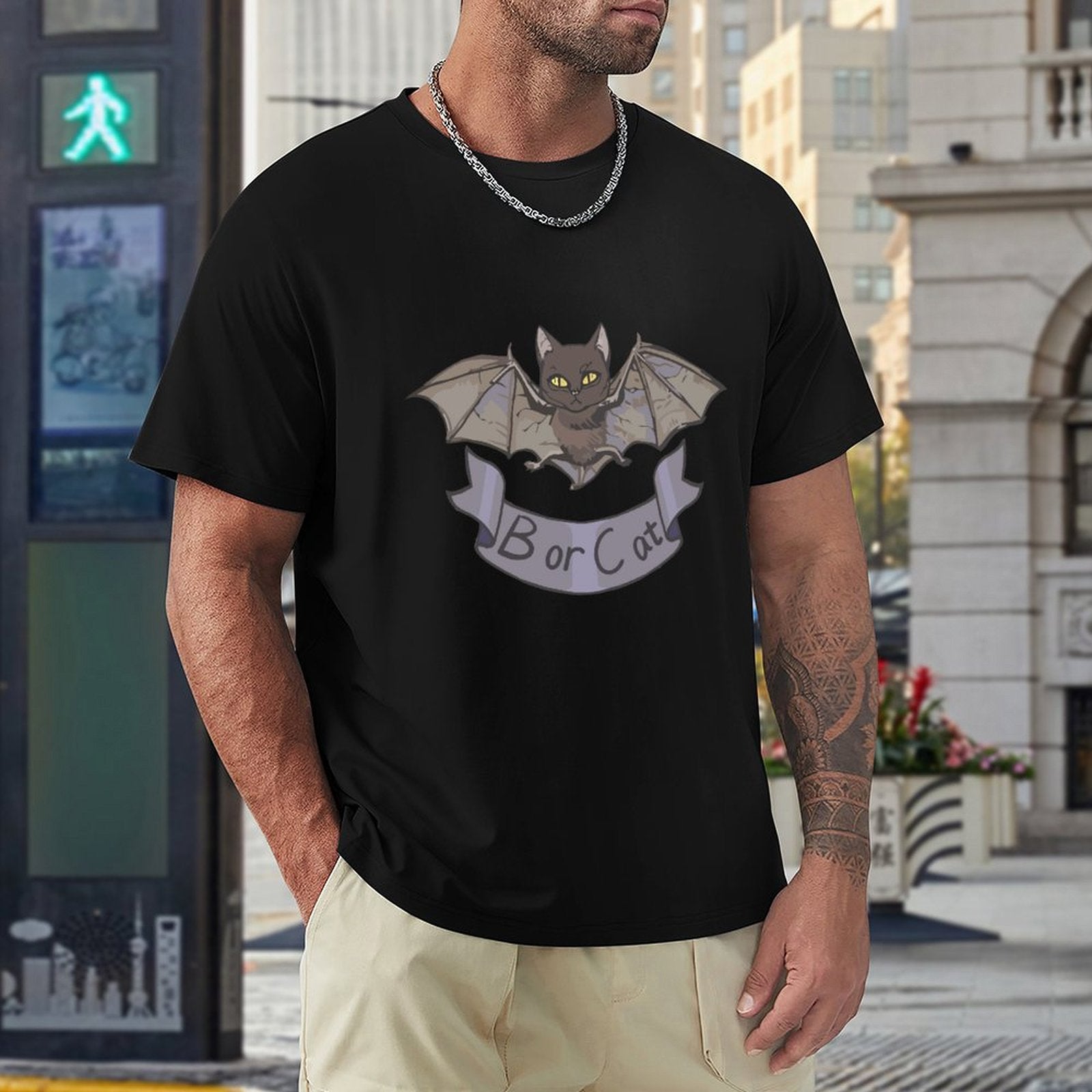 Men's black t-shirt with 'Bor or Cat' bat-cat design, MyArtsyGift, crew neck tee
