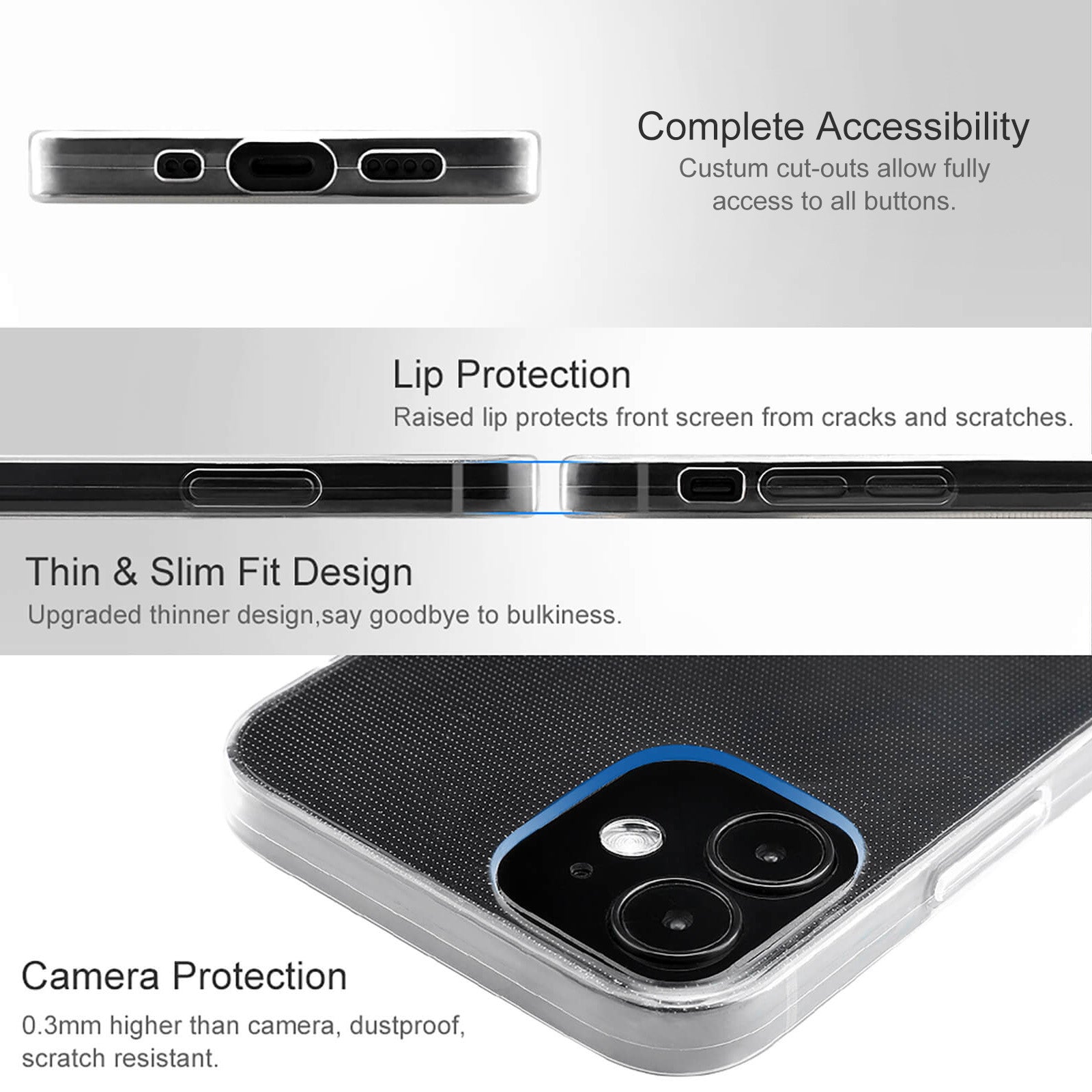Transparent iPhone 12 case, features: complete accessibility, lip & camera protection, slim design