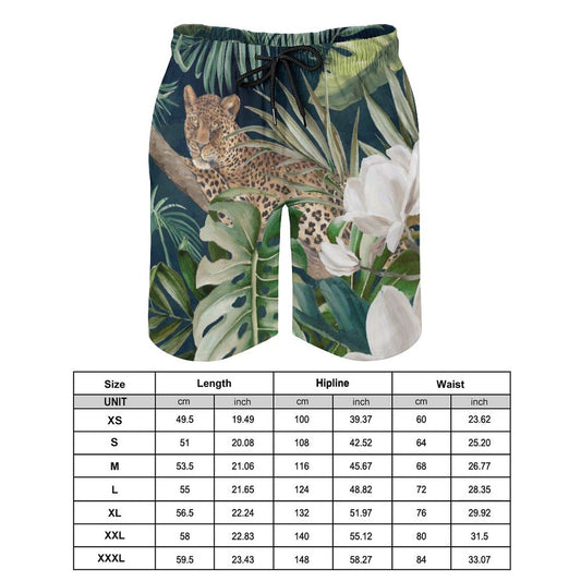 Men's swim shorts with leopard print, quick-dry fabric, drawstring, and size chart included.