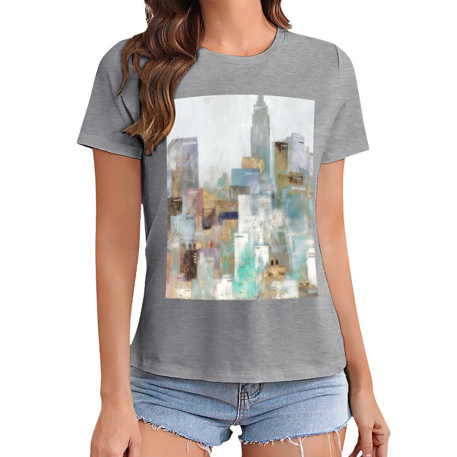 Grey women's short sleeve crewneck t-shirt with abstract cityscape graphic print, casual wear.