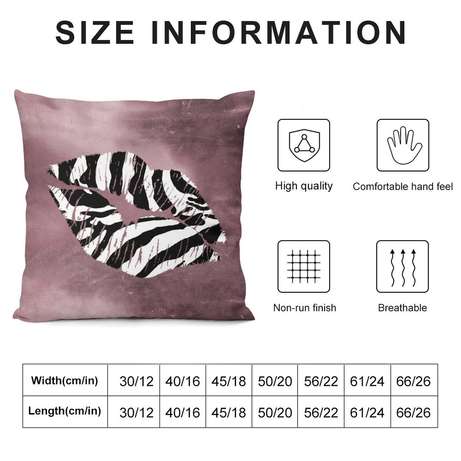 Dusty rose plush pillow cover with zebra lips design, soft and fluffy, with size information